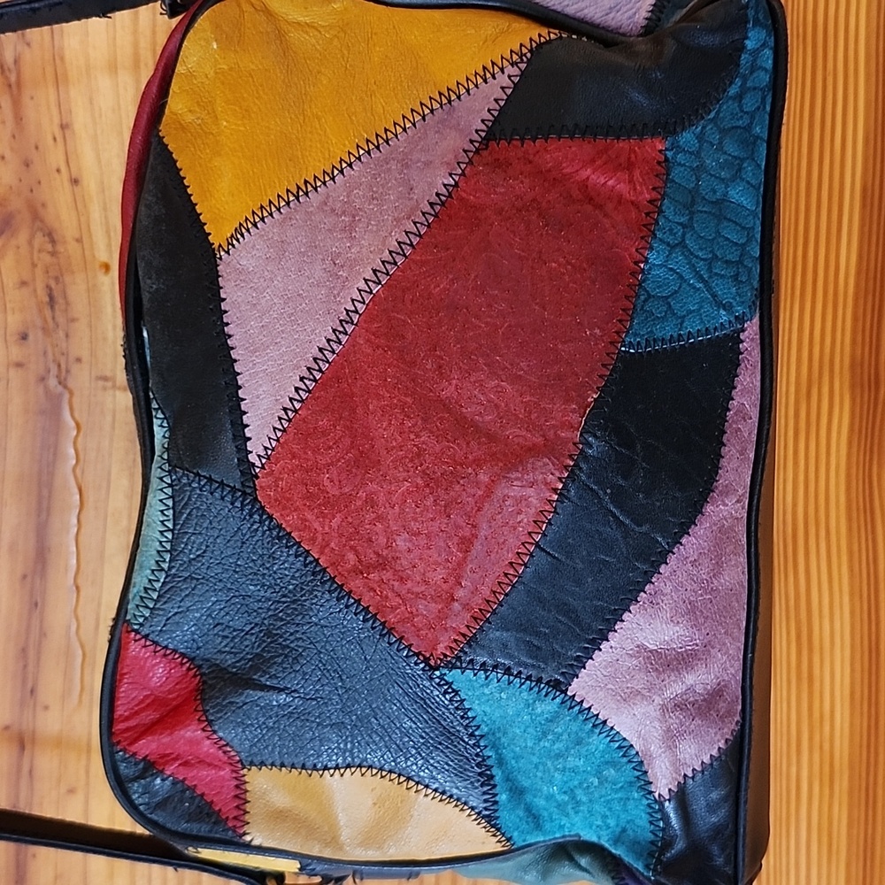 Vtg Genuine Leather Multicolor Patchwork Crossbod… - image 6
